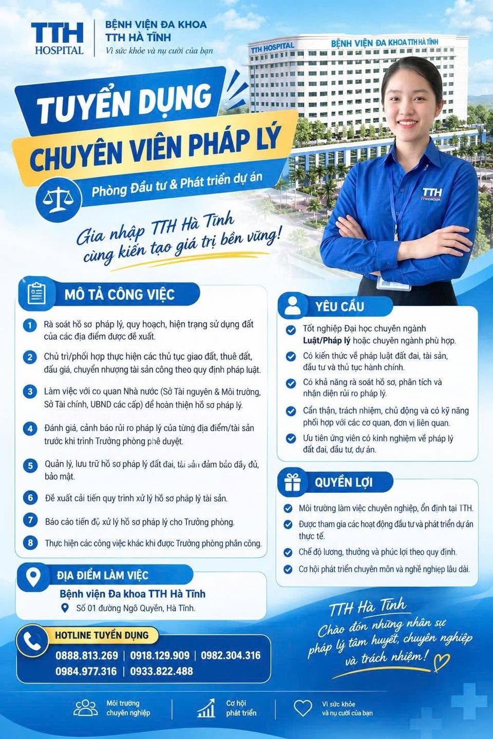 BỆNH VIỆN ĐA KHOA TTH HÀ TĨNH TUYỂN DỤNG CHUYÊN VIÊN PHÁP LÝ